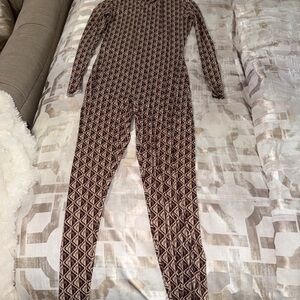 Geometric Pattern Long Sleeve Jumpsuit - Brown & Cream